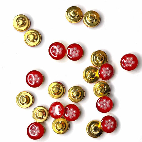 Red Color With White Beads Flower Round Shape Fancy Buttons Set Of 10