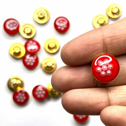 Red Color With White Beads Flower Round Shape Fancy Buttons Set Of 10