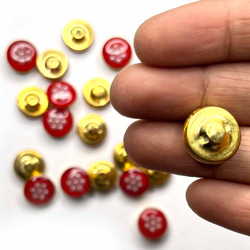 Red Color With White Beads Flower Round Shape Fancy Buttons Set Of 10