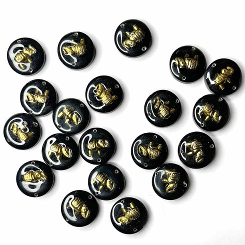 Black Color Round Shape Acrylic Button With Metal Elephant Set Of 10