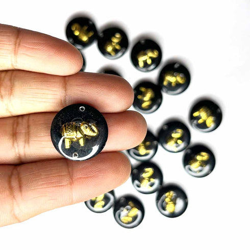 Black Color Round Shape Acrylic Button With Metal Elephant Set Of 10