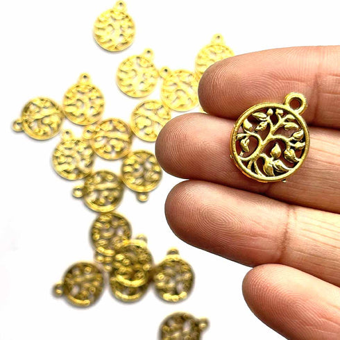 Gold Color Metal Life Of Tree Round Shape Fancy Buttons Set Of 10