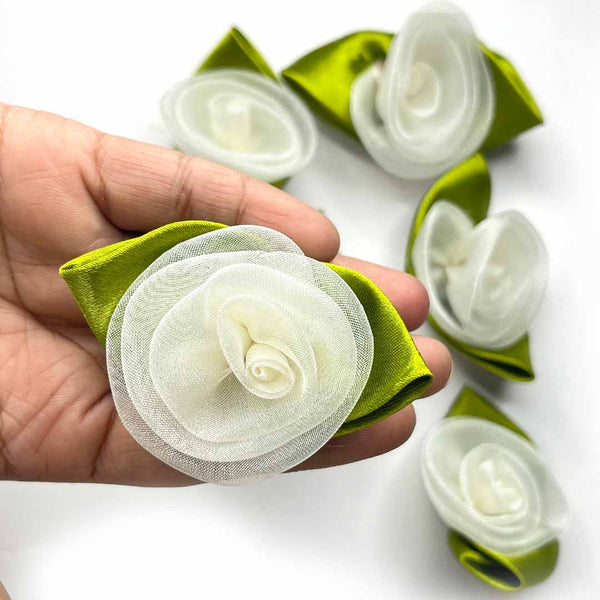 White Color Organza Rose Flower With Leaves Set Of 10 | White Color Organza Rose Flower | Leaves set of 10 | Organza Rose Flower | Art Craft | Decoration | Flower | Image | Craft Shop India