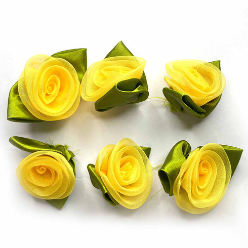 Yellow Color Organza Rose Flower With Leaves Set Of 10