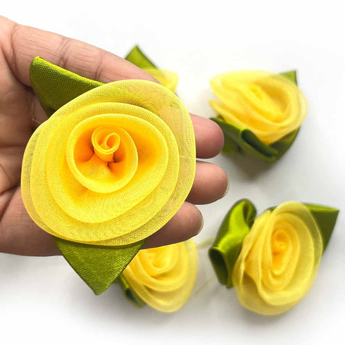 Yellow Color Organza Rose Flower With Leaves Set Of 10