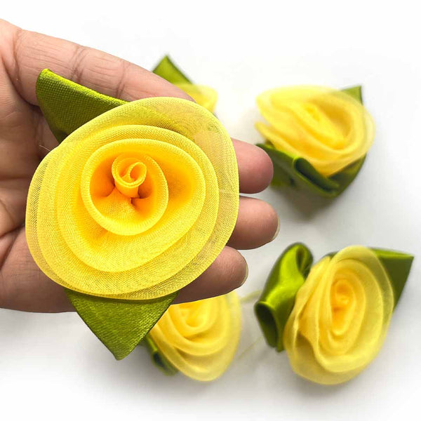 Yellow Color Organza Rose Flower With Leaves Set Of 10 | Yellow Color Organza Flower | Leaves Set of 10 | Organza Flower | Decoration | Indian Home Decoration | Festivals | Shadi decoration | Wedding Decoration | Art Craft | Craft Shop india