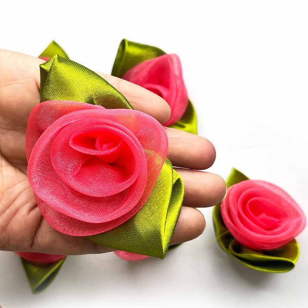 Pink Color Organza Rose Flower With Leaves Set Of 10 | Pink Color Organza Flower | Leaves Set of 10 | Organza Rose Flower | Art Craft | Decoratoin | Indian Festivals | Shadi Decoration | Wedding Decoration | Craft Shop India