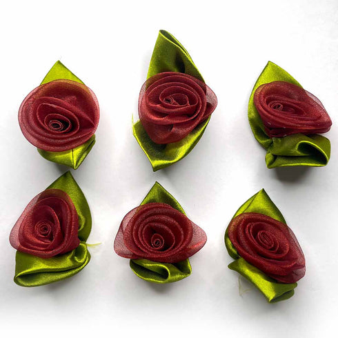 Dark Maroon Color Organza Rose Flower With Leaves Set Of 10