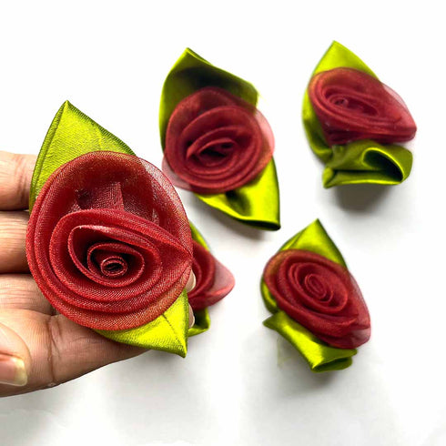 Dark Maroon Color Organza Rose Flower With Leaves Set Of 10