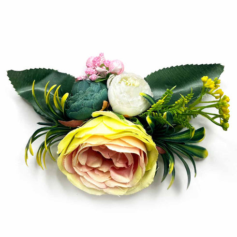 Light Yellow Rose Teal Green & Cream Peony Artificial Flower Bunch Set of 2