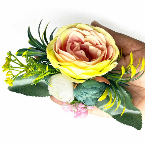 Light Yellow Rose Teal Green & Cream Peony Artificial Flower Bunch Set of 2