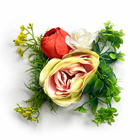 Light Yellow Rose Rust & Cream Peony Artificial Flower Bunch Set of 2