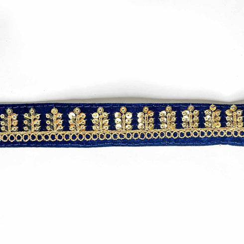 Dark Blue Velvet With Golden Zari Embroidered Border- ( 9mtr )