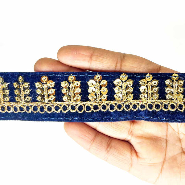 Dark Blue Velvet With Golden Zari Embroidered Border- ( 9mtr ) | Dark Blue Velvet | Golden Zari Embroidered Border | Silk | Resham | Zari | Craft Store | Art Craft | Decoration | Laces Collection | Border Collection | Craft Making | Craft Shop india | india cfat shop | shop craft