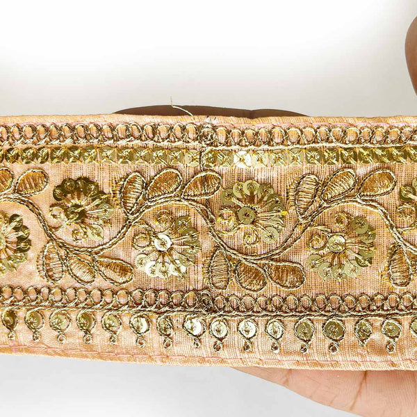 Peach Color Silk With Golden Zari Embroidered Border- ( 9mtr ) | Peach Color Silk With Golden Zari Embroidered Border | Golden Zari Embroidered Border | Peach Color Silk | Silk THread | Zari Style Lace | Resham | Craft SHop India | Art Craft | Decoration | Laces Collection | Border Collection | Craft Making