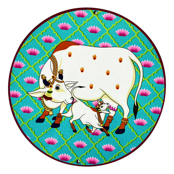 Firozi Pichwai Cow | Calf With Lotus Mdf 6 IN | Firozi Cow | Lotus MDF 6 | Calf With MDF | Craft | Art Craft | Craft Kala | Pichwai Tradition | Pichwai Culture | Pichwai Art | online Art | Online Craft Store | Craft SHop India | Firozi Color Pichwai Cow | Cow With Calf Mdf | MDF