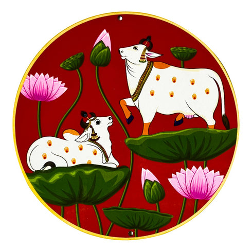 Red Pichwai Pair Cow With Lotus Mdf 6 IN