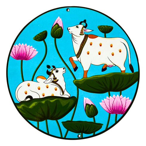 Sky Blue Pichwai Pair Cow With Lotus Mdf 6 IN