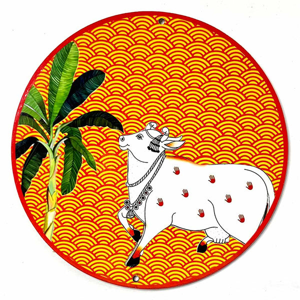 Orange Pichwai | Pichwai Cow | Orange Pichwai Cow | Cow With banana Tree | Banana Tree | MDF | MDF 6 INCH | Art Craft | Craft SHop India | Cow | Tradition | Pichwai Art