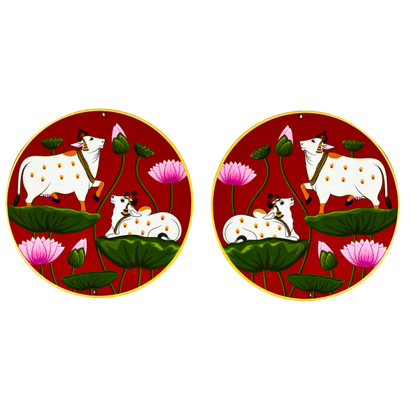 Red Pichwai Cow Image | Red Pichwai Pair Cow | Laser Cutting Design | Cow With Lotus | Art | Art Craft | Craft Shop Online | Online Decoration | Home Decoration | Pichwai Art | Pichwau Tradition | Tradition Art Work | Beautiful