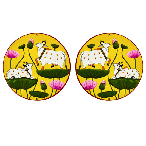 Yellow Pichwai Pair Cow With Lotus Mdf 6 IN