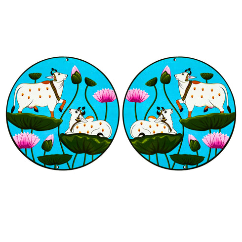 Sky Blue Pichwai Pair Cow With Lotus Mdf 6 IN