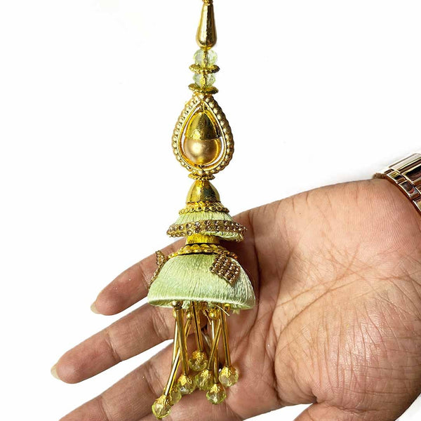 Pista Green Silk | Silk Thread Cone | Glass Pipe Ethnic Work | Work Latkan | Hanging Set Of 2 | ARt Craft | Craft Online | Online Craft Shop | Indian Culture | Product | Wedding | Shadi | Haldi | Decoration | Golden tassels | Craft SHop India