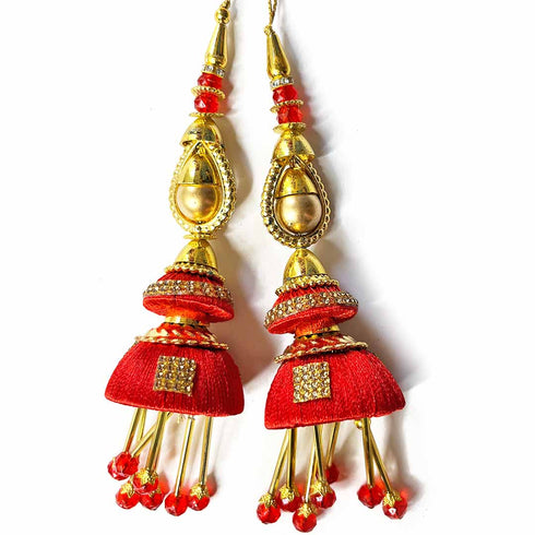 Red Silk Thread Cone With Glass Pipe Ethnic Work Latkan Hanging Set Of 2