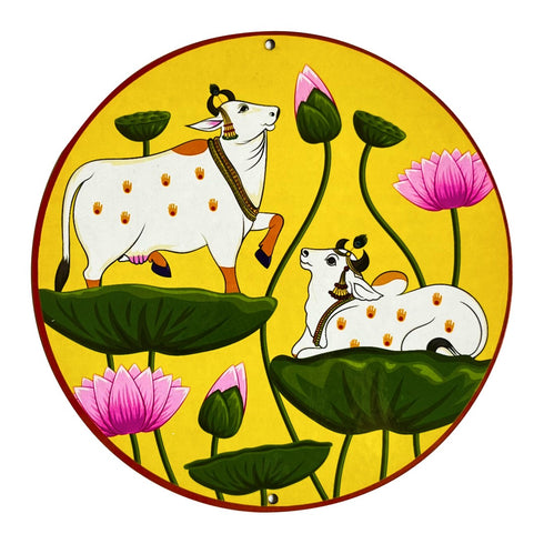 Yellow Pichwai Pair Cow With Lotus Mdf 6 IN