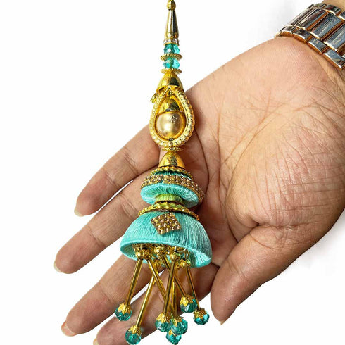 Sea Green Silk Thread Cone With Glass Pipe Ethnic Work Latkan Hanging Set Of 2
