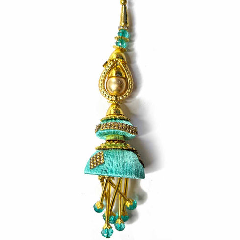 Sea Green Silk Thread Cone With Glass Pipe Ethnic Work Latkan Hanging Set Of 2
