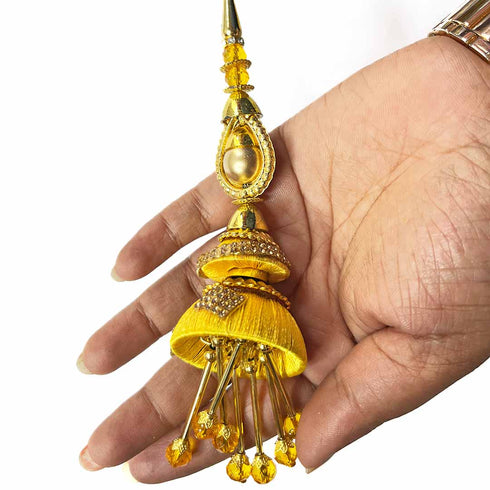Yellow Silk Thread Cone With Glass Pipe Ethnic Work Latkan Hanging Set Of 2