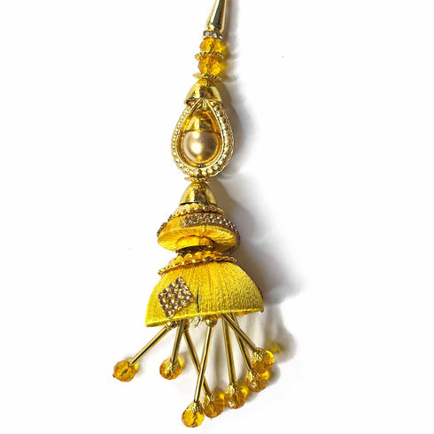 Yellow Silk Thread Cone With Glass Pipe Ethnic Work Latkan Hanging Set Of 2