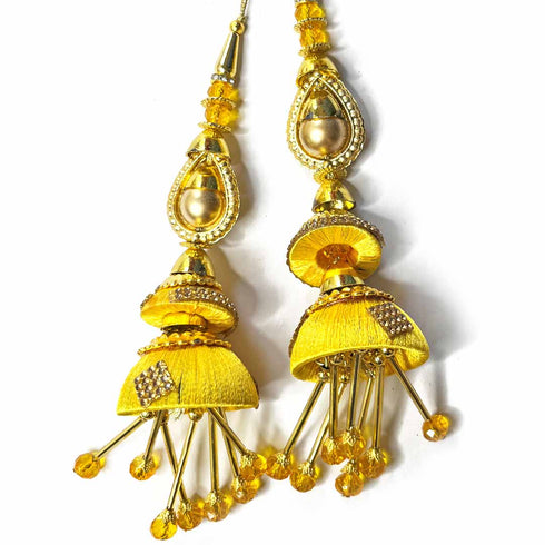 Yellow Silk Thread Cone With Glass Pipe Ethnic Work Latkan Hanging Set Of 2