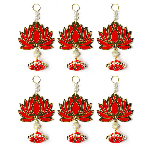 Red & Golden Color lotus Cutouts | Lotus Cutout Design | Flower With Matching Tassels | Tassel Hanging decoration | Decoration Set of 6 Lotus Design | Red Color Velvet & Acrylic Lotus Flower | Home | Room Decoration | Temple Decoration | Pichwai Art | Craft | Craft Collection | Craft Shop India