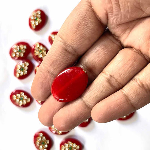 Maroon Color Oval Shape Beads With Kundan Work Pack Of 6