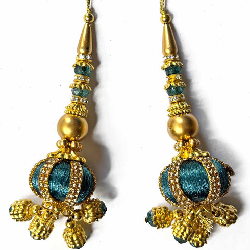 Peacock Blue Silk Thread Ethnic Work Latkan Hanging Set Of 2