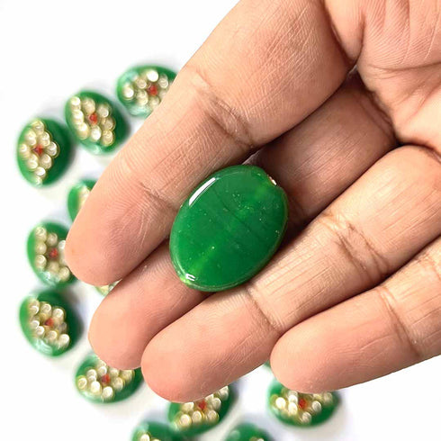 Dark Green Color Oval | Oval Shape Beads | Beads With Kundan | Kundan Work Pack Of 6 | Art Craft | Online Craft | Hobby Craft | Craft Material | Craft Shop India | Craft Store Online | Handemade | Indian decoration | Craft Making | Project Making | Wedding Decoration