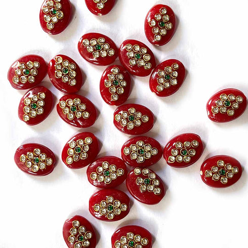 Maroon Color Oval Shape Beads With Kundan Work Pack Of 6
