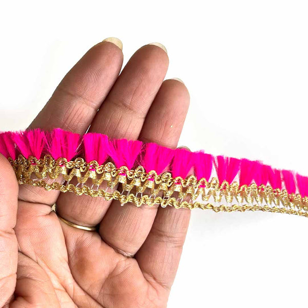 Golden Zari & Rani Pink Polyester Thread | Golden Zari & Rani Pink Polyester Thread Lace | Borders | Lace & Border - ( 9mtr ) | Craft Store | Art Craft | Decoration | Laces Collection | Border Collection | Craft Making | craft shop india | india craft shop | shop craft