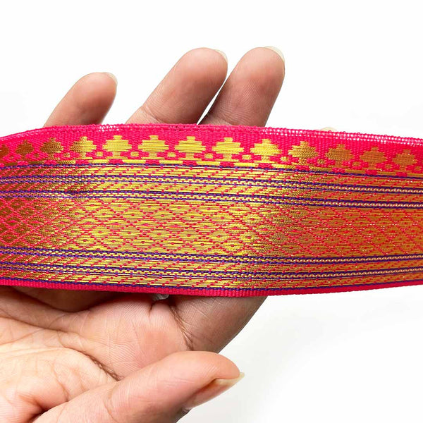 Pink & Golden Zari Color Weaving Border- ( 5mtr ) | Golden Zari | Pink Zari Lace | Borders | Craft Shop India | Art Craft | Decoration | Laces Collection | Border Collection | Craft Making