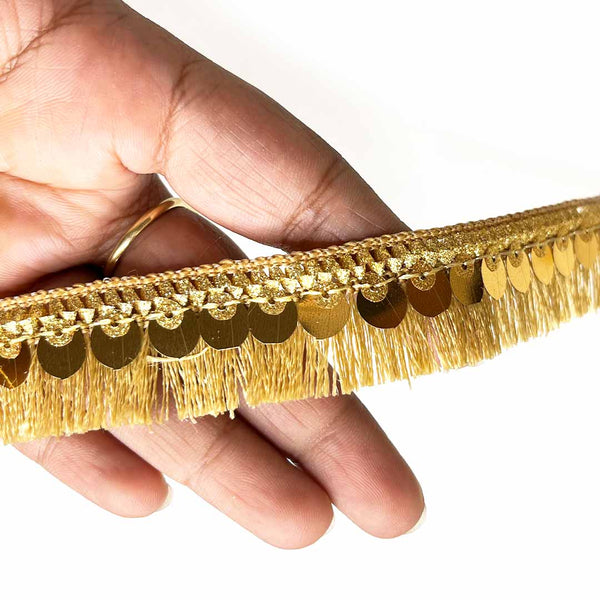 Golden Zari Tassel Fringe Sequence Lace & Border - ( 9mtr ) | Golden Zari Tassels Fringe Sequence lace | Lace & Border | Craft Store | Art Craft | Decoration | Laces Collection | Border Collection | Craft Making | craft shop india | india craft shop | craft shop