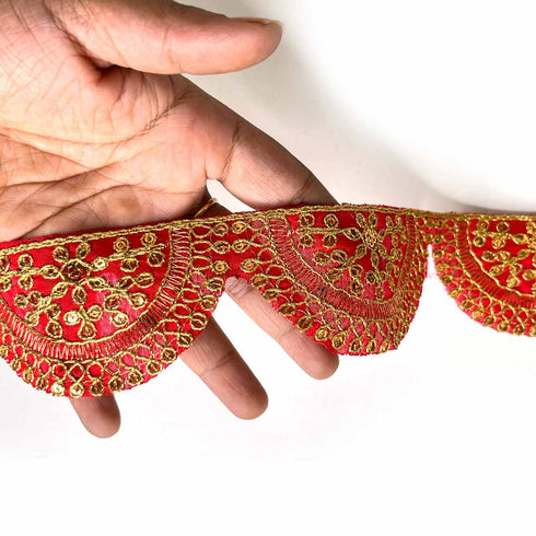 Red With Zari Work Semi Circle Lace & Border ( 9mtr )
