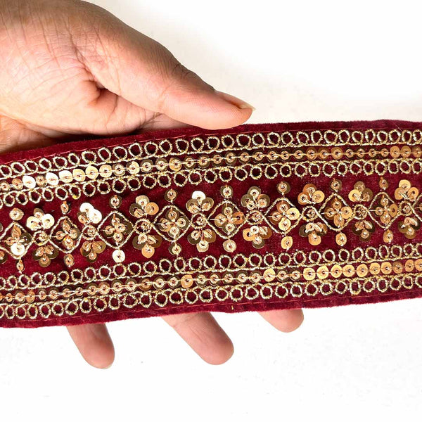Maroon Velvet With Golden Zari Embroidered Border- ( 9mtr, Design_2 ) | Maroon Velvet With Golden Zari | Craft Shop India | Art Craft | Decoration | Laces Collection | Border Collection | Craft Making | craft shop india | india craft shop | craft shop | shop india