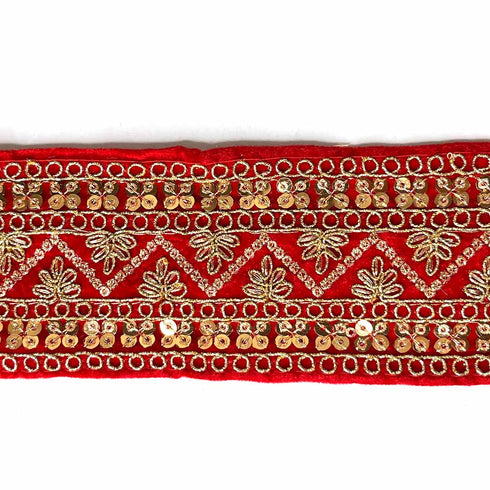 Red Velvet With Golden Zari Embroidered Border- ( 9mtr, Design_2 )