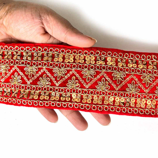 Golden Zari Embroidered Border | Red Velvet | Red Velvet With Golden Zari Embroidered Border- ( 9mtr, Design_2 ) | Adikala Craft Store | Art Craft | Decoration | Laces Collection | Border Collection | Craft Making