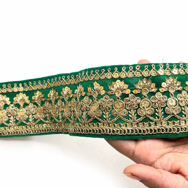 Green Velvet With Golden Zari Embroidered Border- ( 9mtr, Design_1 ) | Green Velvet | Golden Zari Embroidered Border | Craft Store | Art Craft | Decoration | Laces Collection | Border Collection | Craft Making | craft shop india | india craft shop | craft shop | india shop | craft shop india