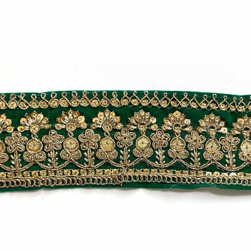 Green Velvet With Golden Zari Embroidered Border- ( 9mtr, Design_1 )