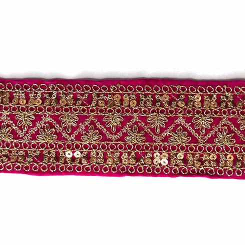 Rani Pink Velvet With Golden Zari Embroidered Border- ( 9mtr, Design_1 )