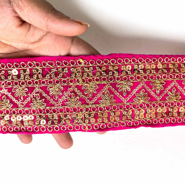 Rani Pink Velvet With Golden Zari Embroidered Border- ( 9mtr, Design_1 ) | Rani Pink Velvet With Golden Zari | ACraft Shop India | Art Craft | Decoration | Laces Collection | Border Collection | Craft Making